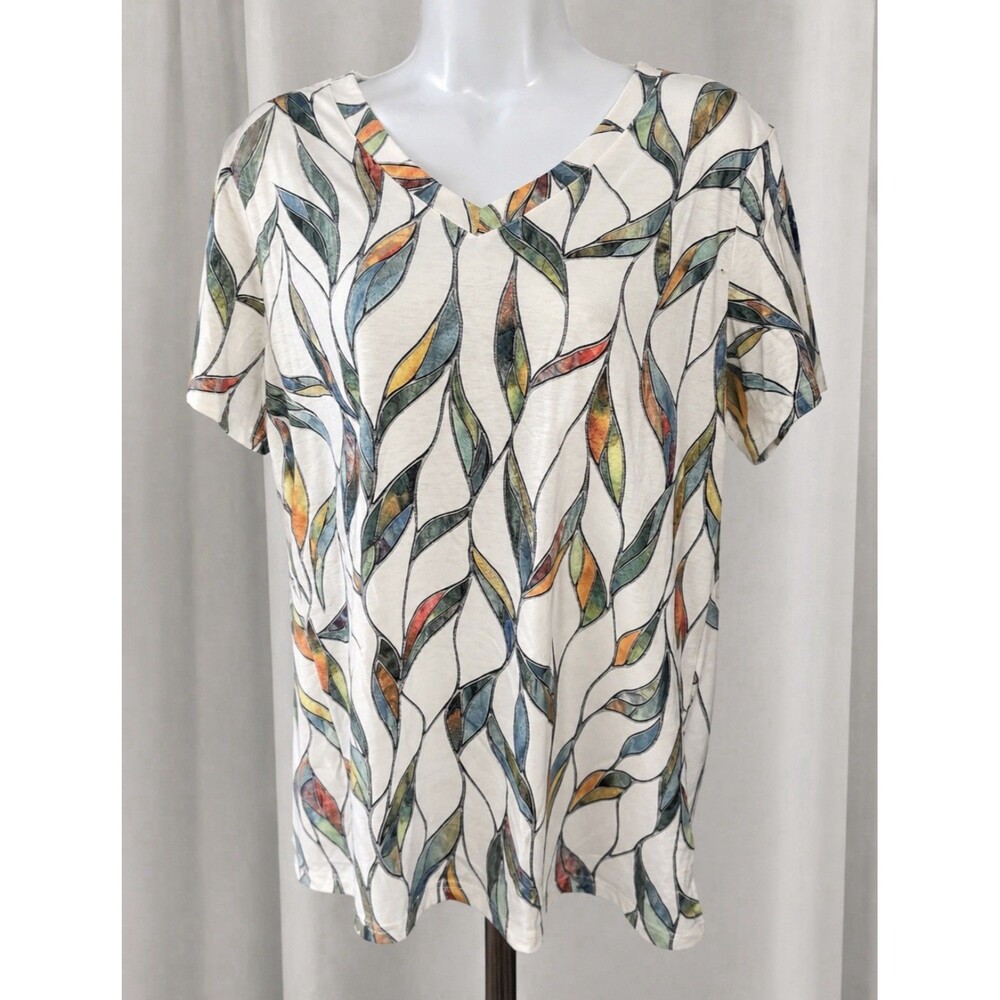 Women’s Large White Multicolor Leaf Print V-Neck Short Sleeve Stretch Top